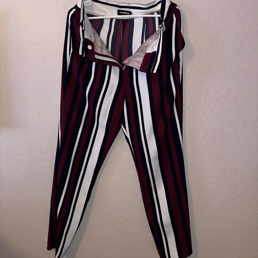 Striped Women's PaperBag Pants by Express - Maroon, White, and Navy